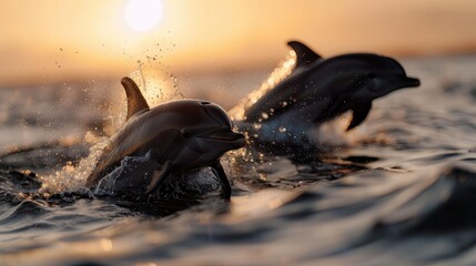 Wall Mural - Captivating photograph of two dolphins captured mid-leap in the ocean during sunset, highlighting the beauty of marine life and the serene twilight sea backdrop.