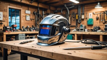 Welder's helmet and tools on a wooden workbench in a workshop.