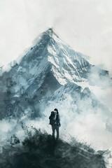 Wall Mural - A black and white sketch of a hiker looking at a peak