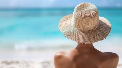 Wall Mural - Relaxing beach view with a person in a straw hat enjoying the serenity under a clear sky, capturing the essence of a perfect, tranquil day at the seaside.