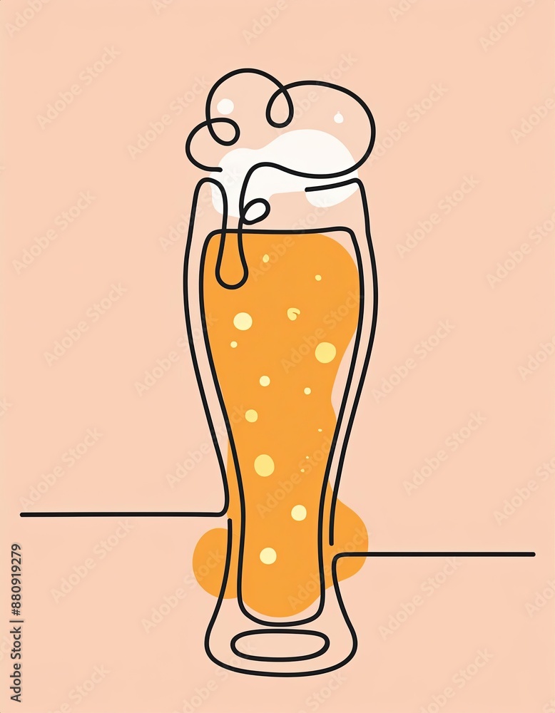 one line drawing of beer glass with foam. Craft drink alcohol ale in ...