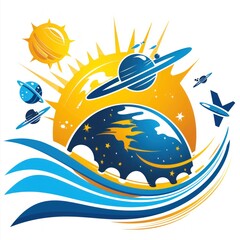 Wall Mural - stylized space scene with planets, stars, and a spaceship