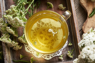 Poster - A cup of herbal tea with fresh yarrow or Achillea millefolium flowers on a table