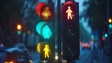 Poster - Multiple traffic lights in a row showing different signals for cars and pedestrians.