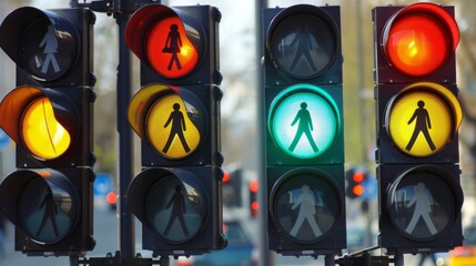 Poster - Multiple traffic lights in a row showing different signals for cars and pedestrians.