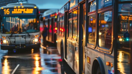 Public transportation buses lined up at a transit station with passengers boarding