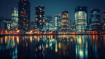 Aufkleber - Reflections of illuminated skyscrapers on the calm surface of a river at night.