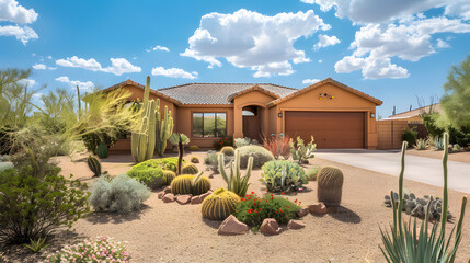Wall Mural - warm sunlight fades behind a serene suburban home with bright exterior lights illuminating the invit