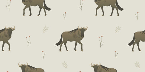 Wall Mural - Wildebeest, antelope seamless pattern design. Simple vector background. Exotic animal illustration.