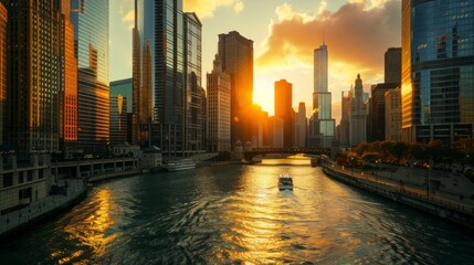 Poster - Sunset casting a golden glow on skyscrapers clustered along a bustling riverfront.