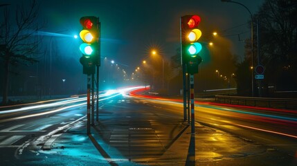 Poster - Traffic lights at night with illuminated signals and streaks of passing car headlights.