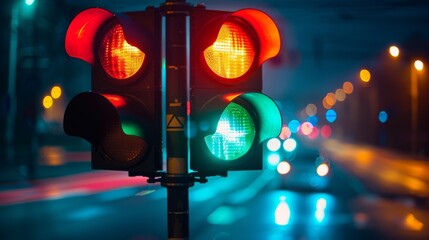 Poster - Traffic lights at night with illuminated signals and streaks of passing car headlights.