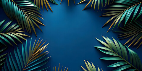 tropical fern leaves on blue background with copy space