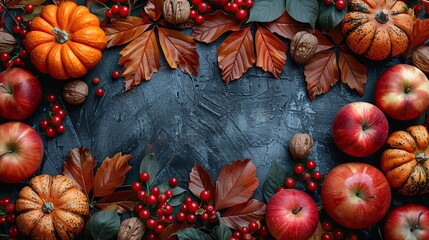 Canvas Print - autumn composition pumpkins fallen leaves apples red berries walnuts on wooden table happy thanksgiving concept flat lay top view copy space