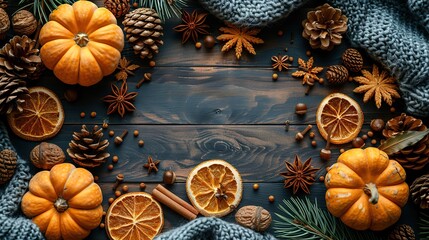 Canvas Print - autumn composition wooden desk table,knitted sweater greeting card mockup dry orange cinnamon sticks anise stars acorns pine cones flat lay top view nordic hygge cozy home concept