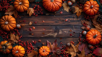 Canvas Print - autumn flat lay composition,pumpkins acorns berries oak leaves on wooden table