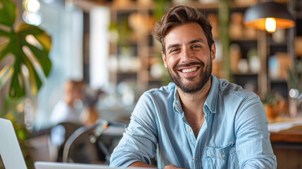 Wall Mural - A man is smiling and sitting at a table with a laptop