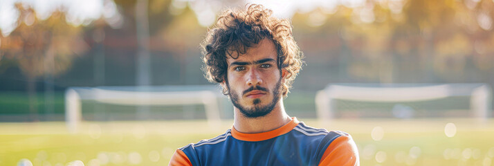 Wall Mural - A man with curly hair is standing on a soccer field