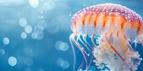 Wall Mural - Close-up Shot of Jellyfish Underwater Surrounded by Bubbles. Concept Underwater Photography, Marine Life, Nature, Close-up Shot, Bubbles