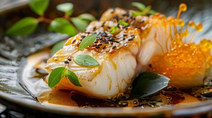 the national cuisine of japan. golden halibut fillet in citrus glaze with miso.