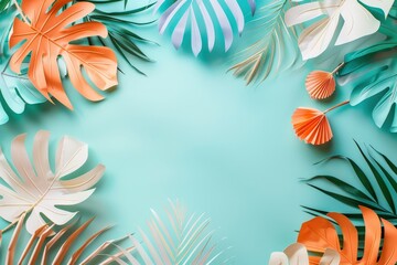 Sticker - a blue background with tropical leaves and shells