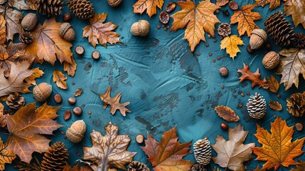 Wall Mural - autumn pattern,dry oak leaves acorns walnuts pine cones on green background vintage style autumn fall concept