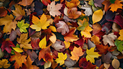 Aerial photograph of a field completely covered with vibrant falling leaves in autumn forest