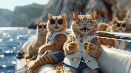 Cats dressed in fashionable outfits are sitting on a boat, each holding a glass of champagne. Cats are enjoying the sea, showcasing a luxurious lifestyle. sea, cruise, summer vacation, travel, journey