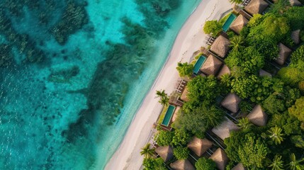 Wall Mural - Aerial view of a bungalow on the beach With clear turquoise waters and lush palm trees.