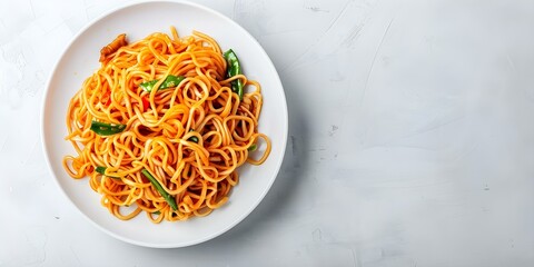 Wall Mural - Chinese Lo Mein from above on a white background. Concept Chinese Cuisine, Lo Mein Noodles, Food Photography, White Background, From Above View