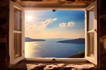 Canvas Print - A picturesque window frame captures the essence of Santorini. The azure Aegean Sea stretches to the horizon, while whitewashed buildings cascade down the caldera. 