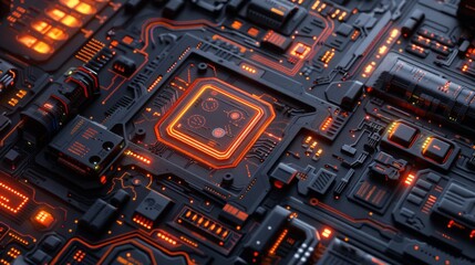 Wall Mural - Futuristic Circuit Board with Glowing Orange Lines