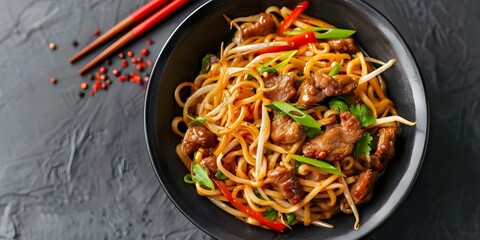 Poster - Traditional Chinese stir fry noodles with meat and vegetables - Top view. Concept Traditional Cuisine, Stir Fry Noodles, Chinese Food, Top View Photography, Meat and Vegetables