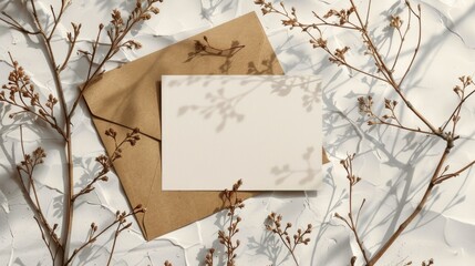 Sticker - Mockup of date card with envelope and botanical twigs on paper background