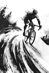 Wall Mural - A black and white sketch of a cyclist racing down the road