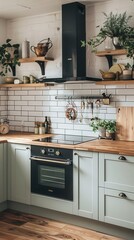 Wall Mural - a kitchen with a stove, oven, and shelves