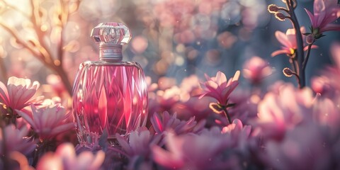 Poster - Elegant perfume bottle with a floral background, using soft focus and lighting to highlight the product’s luxurious and fragrant qualities