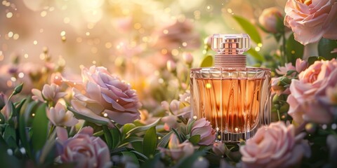 Poster - Elegant perfume bottle with a floral background, using soft focus and lighting to highlight the product’s luxurious and fragrant qualities