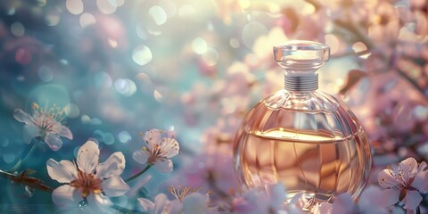 Poster - Elegant perfume bottle with a floral background, using soft focus and lighting to highlight the product’s luxurious and fragrant qualities