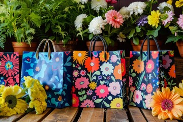 Wall Mural - Vibrant Floral Shopping Bags Displayed on Wooden Table with Fresh Flowers for Spring and Summer Designs