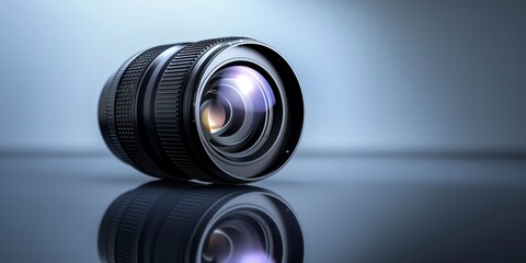 Poster - Cutting-edge camera lens positioned on a glossy surface, with reflections emphasizing the precision and craftsmanship of professional photography gear