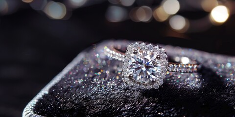 Poster - Exquisite diamond ring on a black velvet cushion, captured with macro photography to highlight the intricate details and sparkle of the jewelry