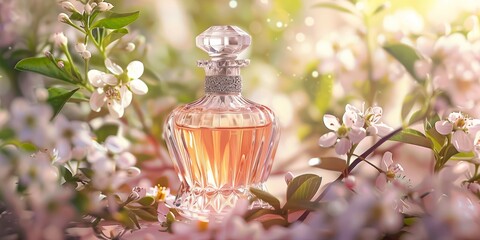 Poster - Elegant perfume bottle with a floral background, using soft focus and lighting to highlight the product’s luxurious and fragrant qualities