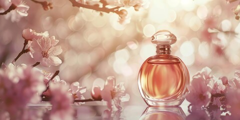 Poster - Elegant perfume bottle with a floral background, using soft focus and lighting to highlight the product’s luxurious and fragrant qualities