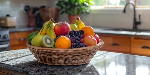 Poster - Fresh fruit basket with vibrant colors, captured in a kitchen setting, emphasizing the freshness and health benefits of organic produce