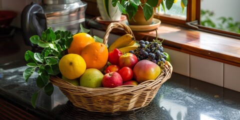 Poster - Fresh fruit basket with vibrant colors, captured in a kitchen setting, emphasizing the freshness and health benefits of organic produce