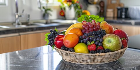 Poster - Fresh fruit basket with vibrant colors, captured in a kitchen setting, emphasizing the freshness and health benefits of organic produce