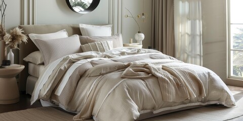 Poster - Luxury bedding set with high-thread-count linens, styled in a cozy bedroom scene, emphasizing comfort and premium quality