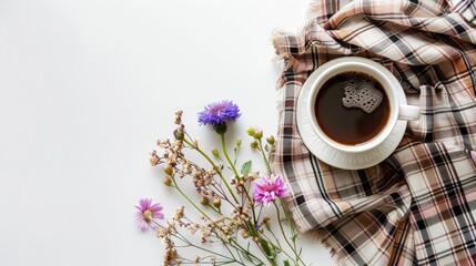 Poster - Arrangement of coffee cup flowers and plaid on white with copy space Top view