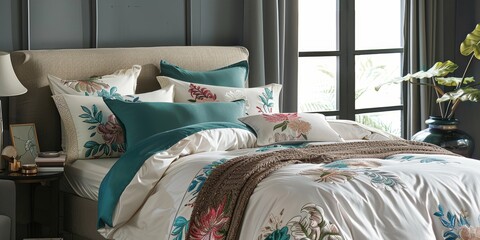 Poster - Luxury bedding set with high-thread-count linens, styled in a cozy bedroom scene, emphasizing comfort and premium quality